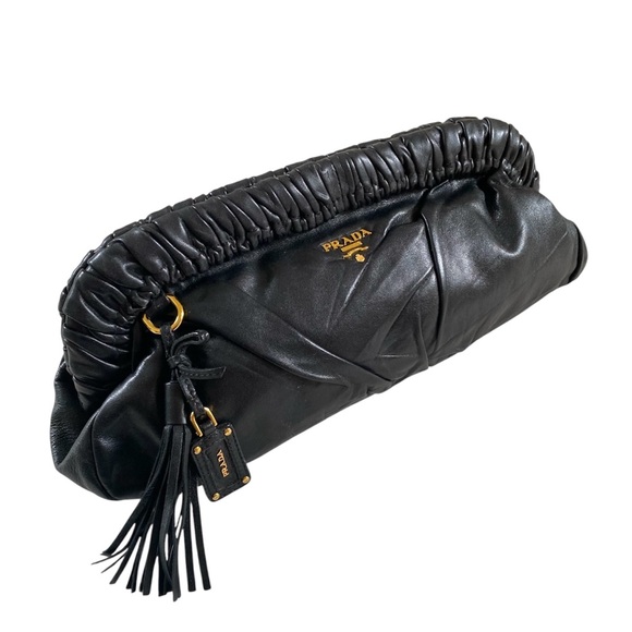 AUTHENTIC VINTAGE PRADA NAPPA LEATHER PLEATED POCHETTE CLUTCH, BLACK - Picture 2 of 15